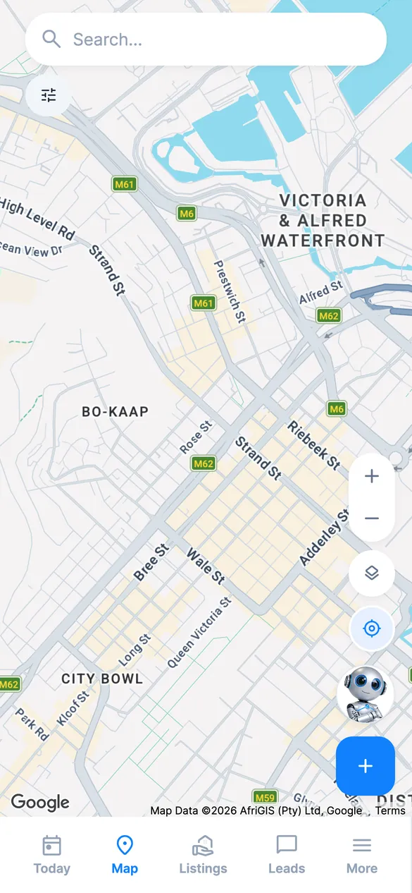 RealtyPA app: the Map screen over central Cape Town, with sample pins added