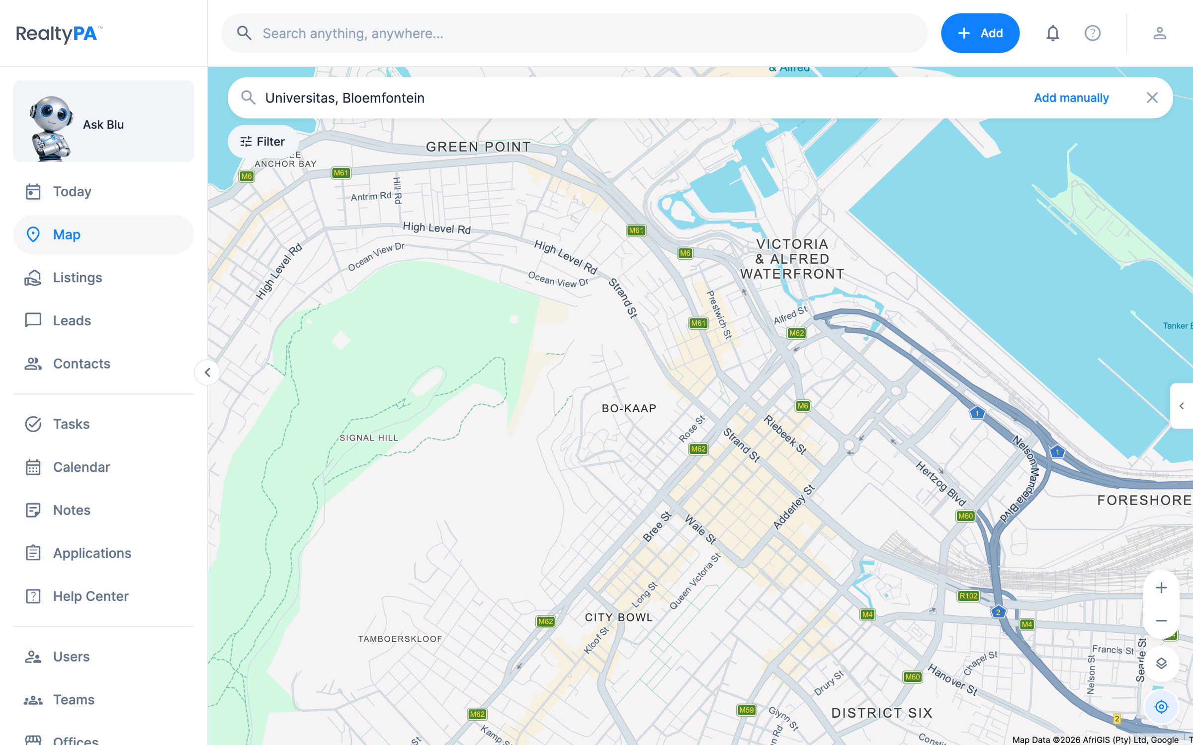 The RealtyPA property map over the Cape Town City Bowl, with the suburb search and a Filter chip over it