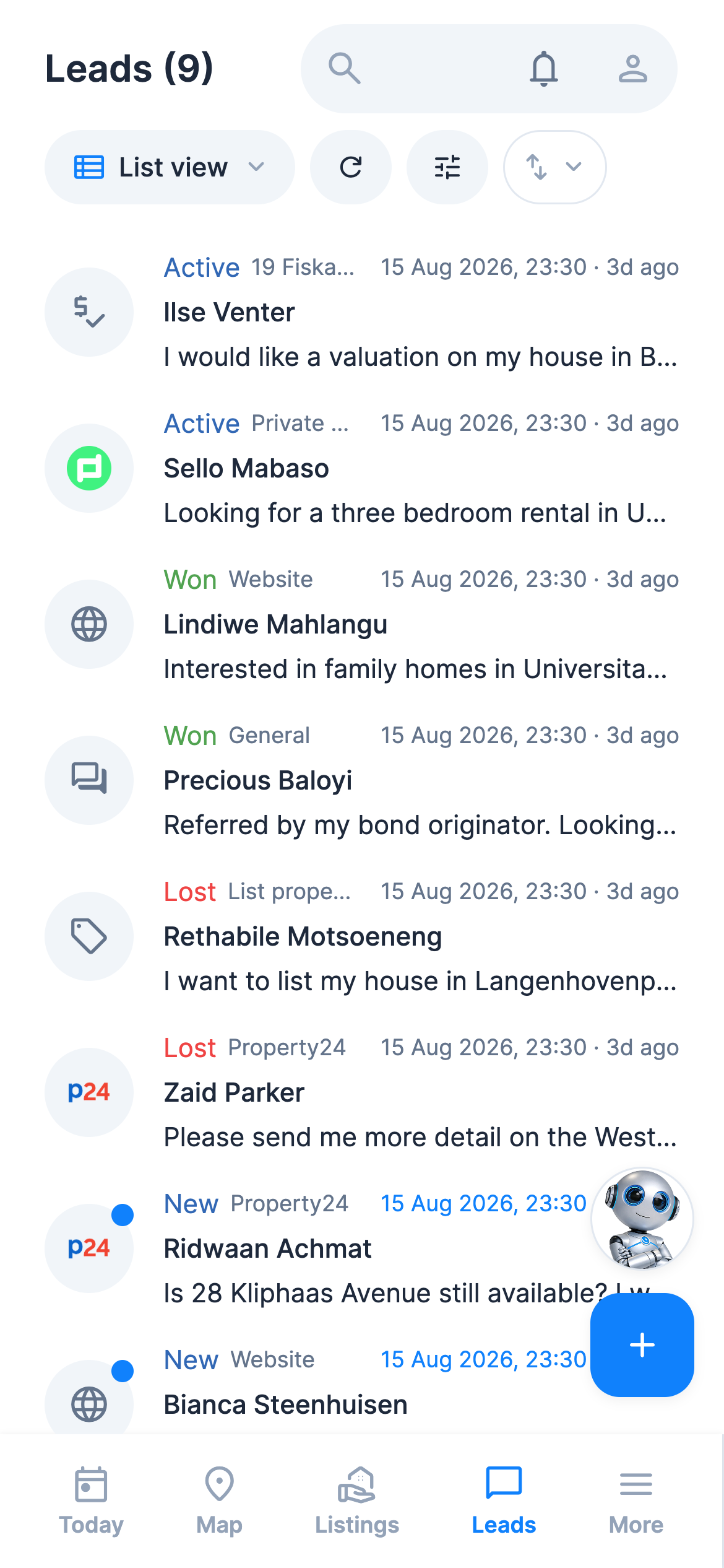 The RealtyPA leads inbox on a phone: nine enquiries with stage labels and source icons for Property24 and Website