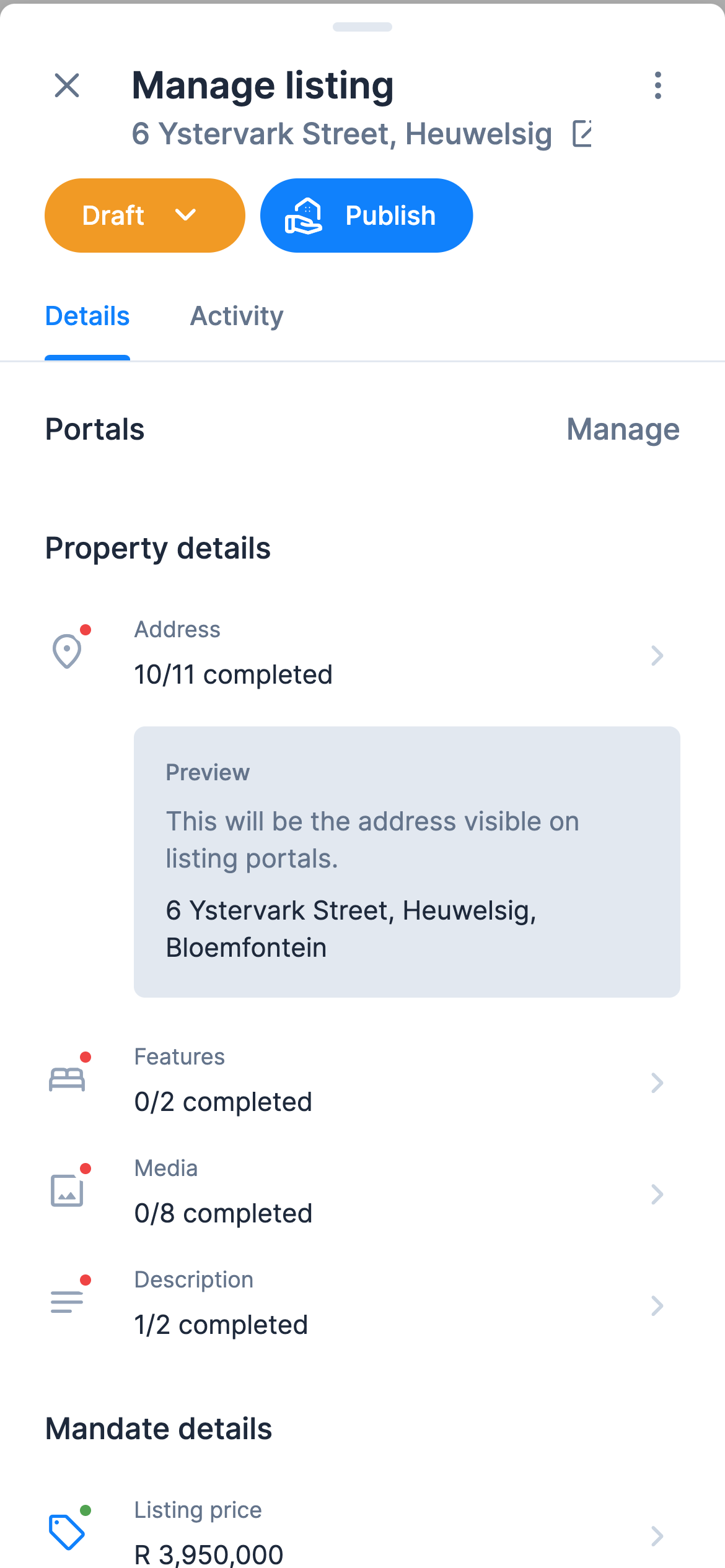 The Manage listing screen for 6 Ystervark Street on a phone, with its Draft stage, a Publish button and the Portals section