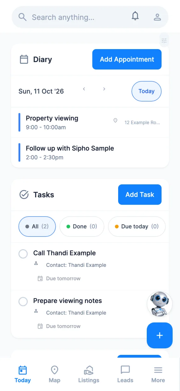 RealtyPA app with sample data: the Today screen, with the diary and the tasks for the day